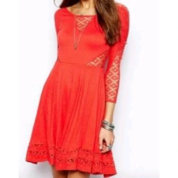 Free People Womens Small Red To The Point Lace Accent‎ Dress Party Festival Mini - Picture 8 of 16